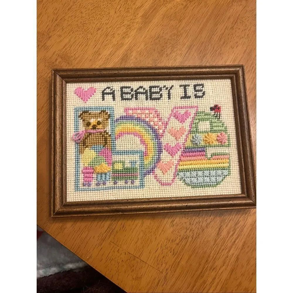 “A baby is love” cross stitch  framed girl rainbow baby nursery handmade